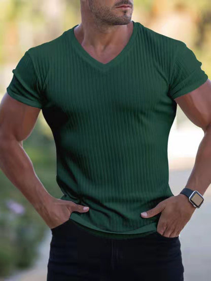 Men's Summer Slim Fit V-Neck Sports T-Shirt – Breathable Solid Color Short Sleeve