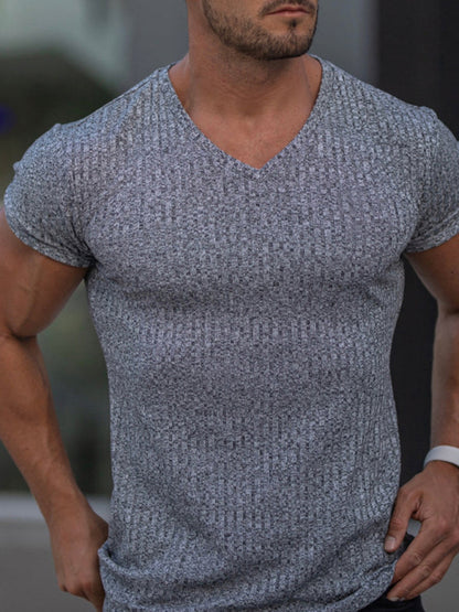 Men's Summer Slim Fit V-Neck Sports T-Shirt – Breathable Solid Color Short Sleeve