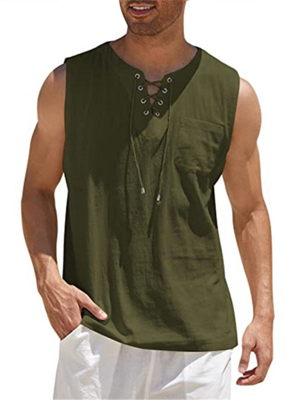 Men's Solid Color Lace Tie Jersey Muscle Tank