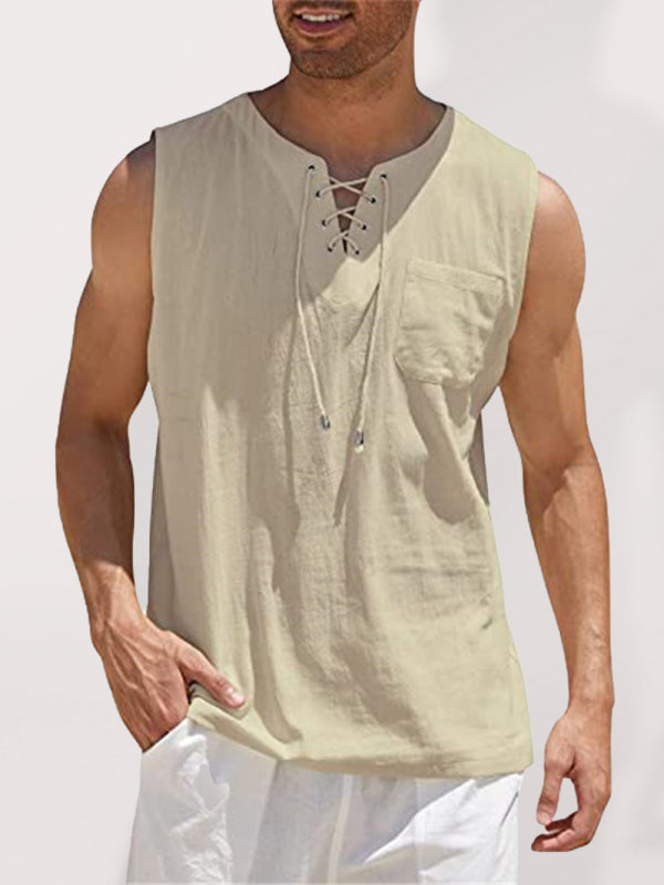 Men's Solid Color Lace Tie Jersey Muscle Tank