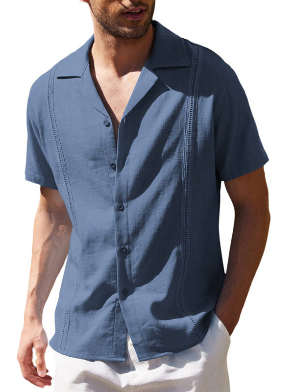 Men's Loose Casual Linen Shirt Cuban Guayabera Short Sleeve Beach Shirt - Hiccupzz