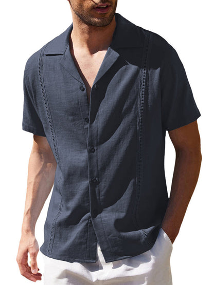 Men's Loose Casual Linen Shirt Cuban Guayabera Short Sleeve Beach Shirt - Hiccupzz