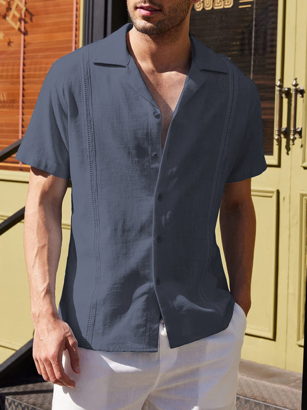 Men's Loose Casual Linen Shirt Cuban Guayabera Short Sleeve Beach Shirt - Hiccupzz