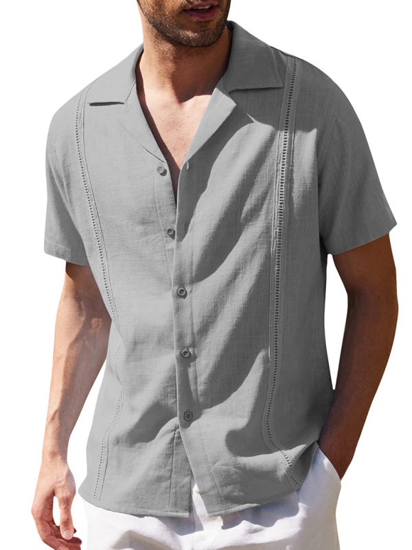 Men's Loose Casual Linen Shirt Cuban Guayabera Short Sleeve Beach Shirt - Hiccupzz