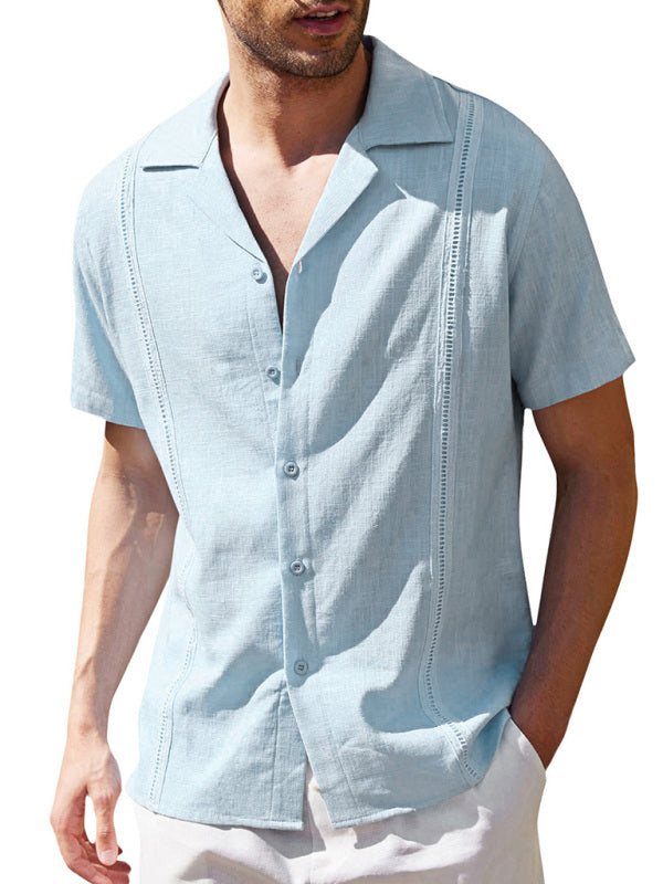 Men's Loose Casual Linen Shirt Cuban Guayabera Short Sleeve Beach Shirt - Hiccupzz