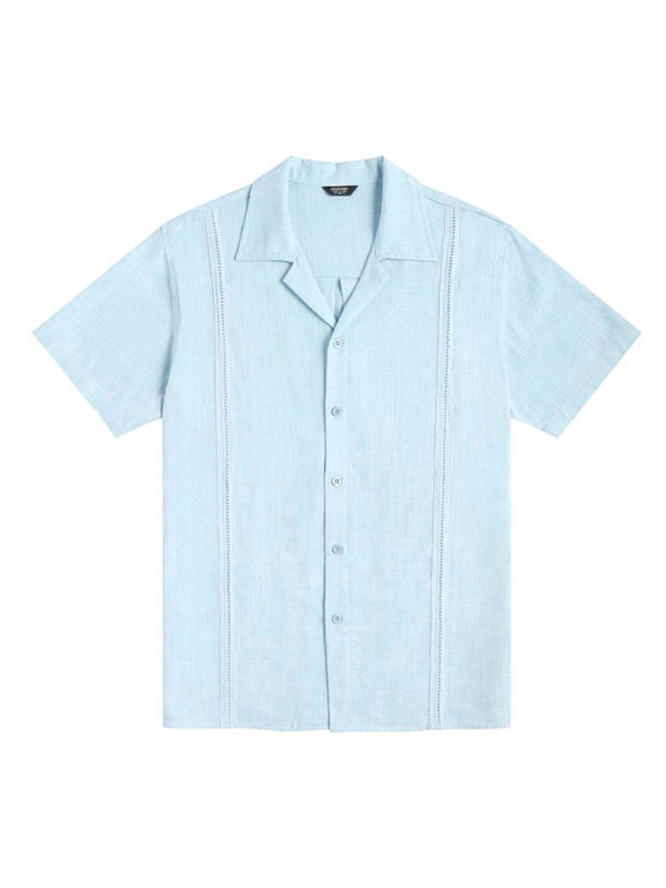 Men's Loose Casual Linen Shirt Cuban Guayabera Short Sleeve Beach Shirt - Hiccupzz