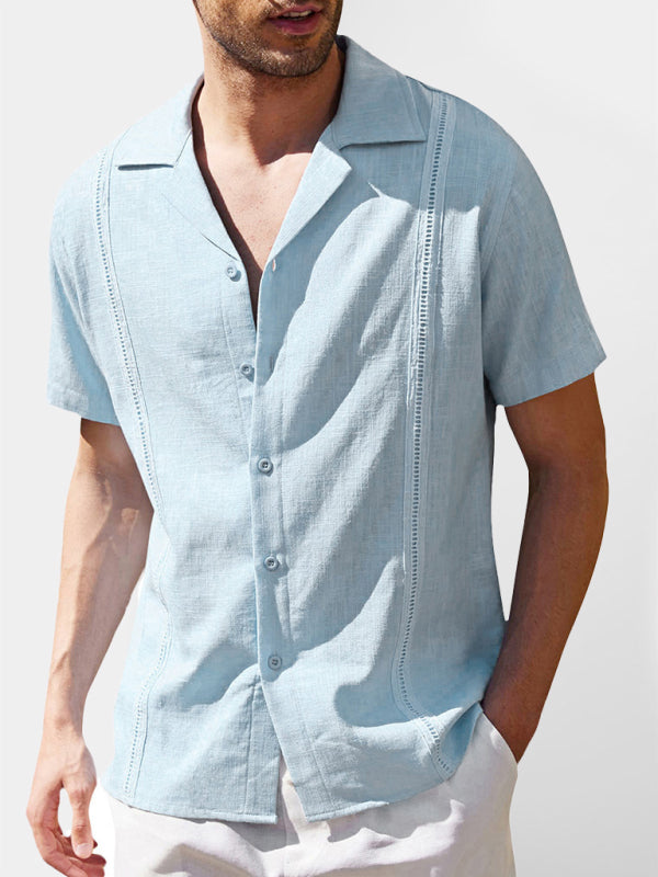 Men's Loose Casual Linen Shirt Cuban Guayabera Short Sleeve Beach Shirt - Hiccupzz