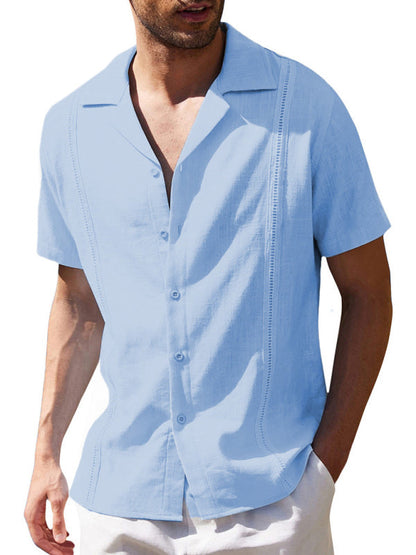 Men's Loose Casual Linen Shirt Cuban Guayabera Short Sleeve Beach Shirt - Hiccupzz