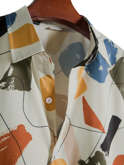 White Graffiti Print Lapel Cotton Slim Fit Men's Shirt - Hiccupzz