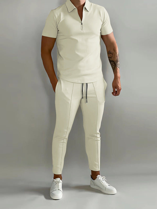 Men's solid color lapel short-sleeved POLO shirt + trousers two-piece suit