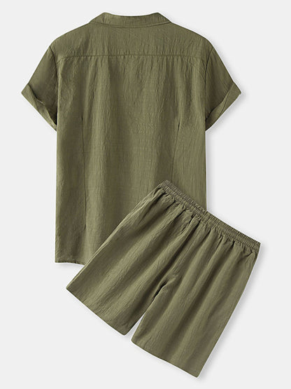 Men's Cotton Linen Casual Set – Solid Color Short-Sleeve T-Shirt & Shorts