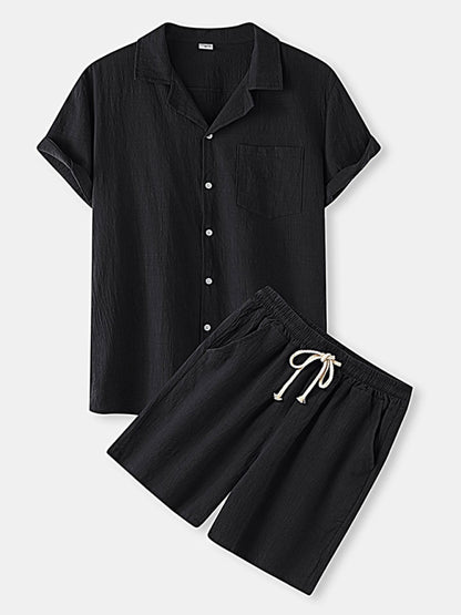 Men's Cotton Linen Casual Set – Solid Color Short-Sleeve T-Shirt & Shorts