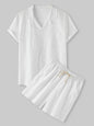 Men's Cotton Linen Casual Set – Solid Color Short-Sleeve T-Shirt & Shorts