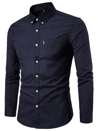 Men's Casual Slim Cotton Oxford Solid Color Large Size Bottom Shirt Long Sleeves - Hiccupzz