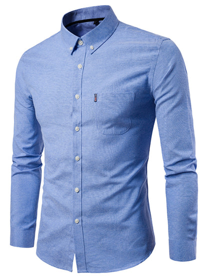 Men's Casual Slim Cotton Oxford Solid Color Large Size Bottom Shirt Long Sleeves - Hiccupzz