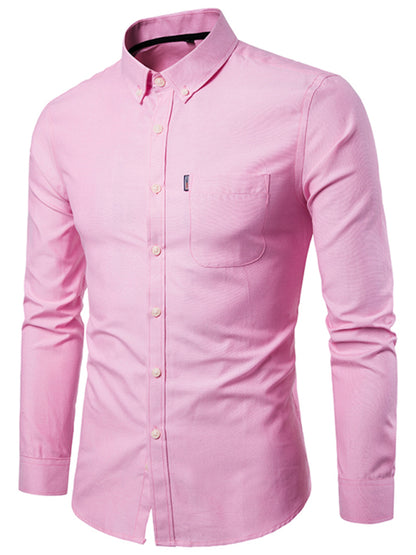 Men's Casual Slim Cotton Oxford Solid Color Large Size Bottom Shirt Long Sleeves - Hiccupzz