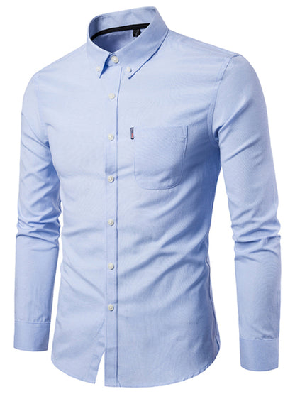 Men's Casual Slim Cotton Oxford Solid Color Large Size Bottom Shirt Long Sleeves - Hiccupzz