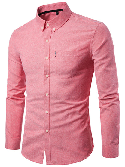 Men's Casual Slim Cotton Oxford Solid Color Large Size Bottom Shirt Long Sleeves - Hiccupzz