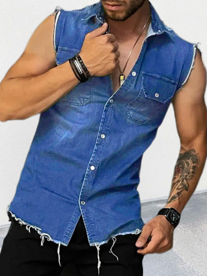 Men's Denim Lapel Sleeveless Shirt Top - Hiccupzz