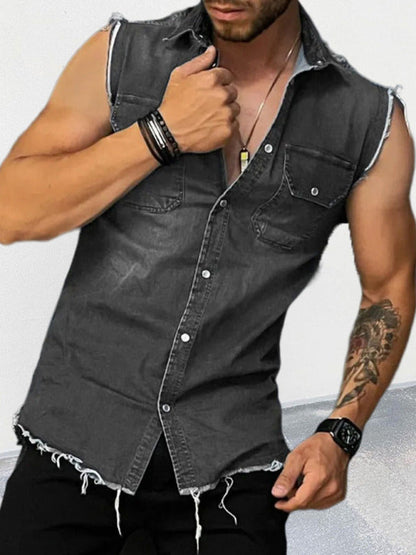 Men's Denim Lapel Sleeveless Shirt Top - Hiccupzz