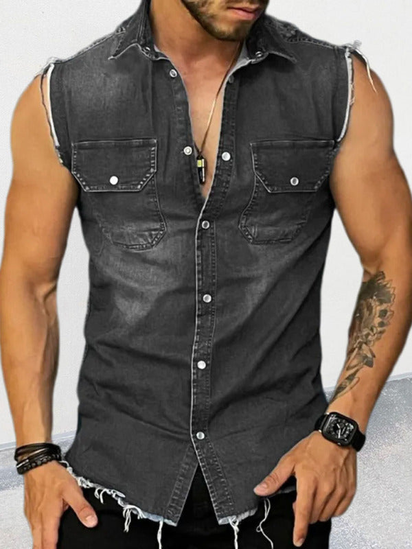Men's Denim Lapel Sleeveless Shirt Top - Hiccupzz