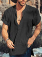 Summer solid color round neck short sleeve simple cotton linen shirt men - Hiccupzz