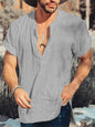 Summer solid color round neck short sleeve simple cotton linen shirt men - Hiccupzz