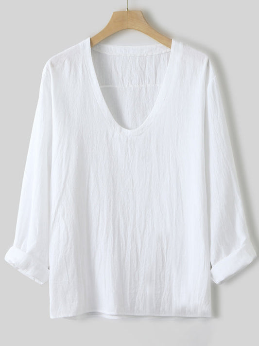 Men's New Long Sleeve Solid Color V Neck Washed Water Cotton T-Shirt - Hiccupzz