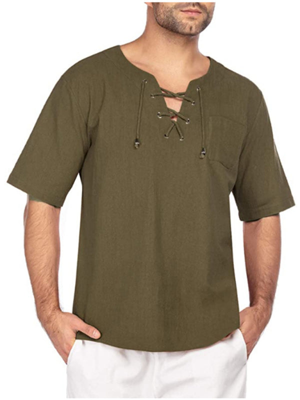 New Men's Short Sleeve T-Shirt Cotton Linen Tie Collar Casual Men's T-Shirt Shirt - Hiccupzz