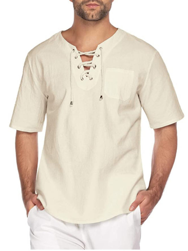 New Men's Short Sleeve T-Shirt Cotton Linen Tie Collar Casual Men's T-Shirt Shirt - Hiccupzz