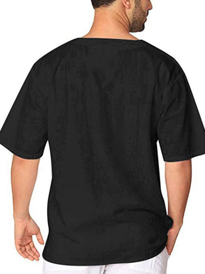 New Men's Short Sleeve T-Shirt Cotton Linen Tie Collar Casual Men's T-Shirt Shirt - Hiccupzz