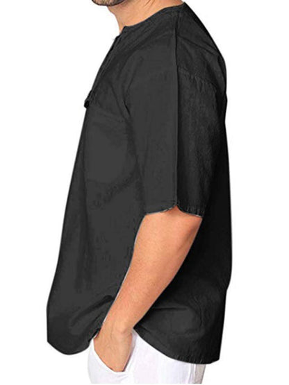 New Men's Short Sleeve T-Shirt Cotton Linen Tie Collar Casual Men's T-Shirt Shirt - Hiccupzz