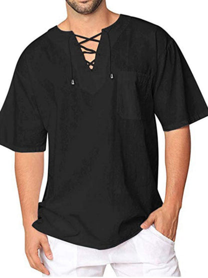 New Men's Short Sleeve T-Shirt Cotton Linen Tie Collar Casual Men's T-Shirt Shirt - Hiccupzz