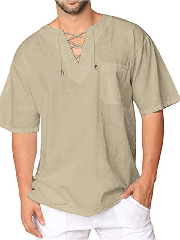 New Men's Short Sleeve T-Shirt Cotton Linen Tie Collar Casual Men's T-Shirt Shirt - Hiccupzz