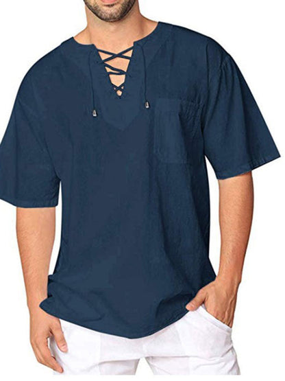 New Men's Short Sleeve T-Shirt Cotton Linen Tie Collar Casual Men's T-Shirt Shirt - Hiccupzz