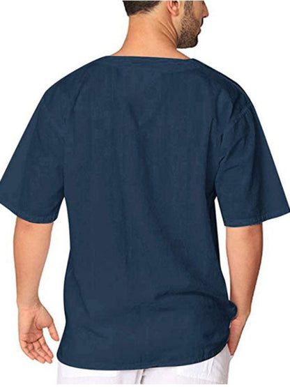 New Men's Short Sleeve T-Shirt Cotton Linen Tie Collar Casual Men's T-Shirt Shirt - Hiccupzz