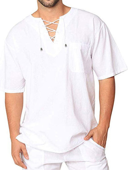 New Men's Short Sleeve T-Shirt Cotton Linen Tie Collar Casual Men's T-Shirt Shirt - Hiccupzz