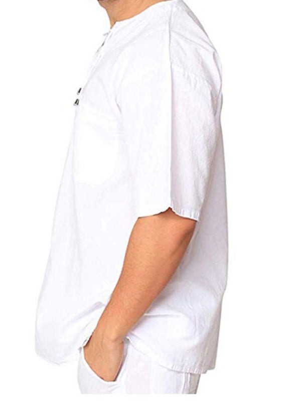 New Men's Short Sleeve T-Shirt Cotton Linen Tie Collar Casual Men's T-Shirt Shirt - Hiccupzz