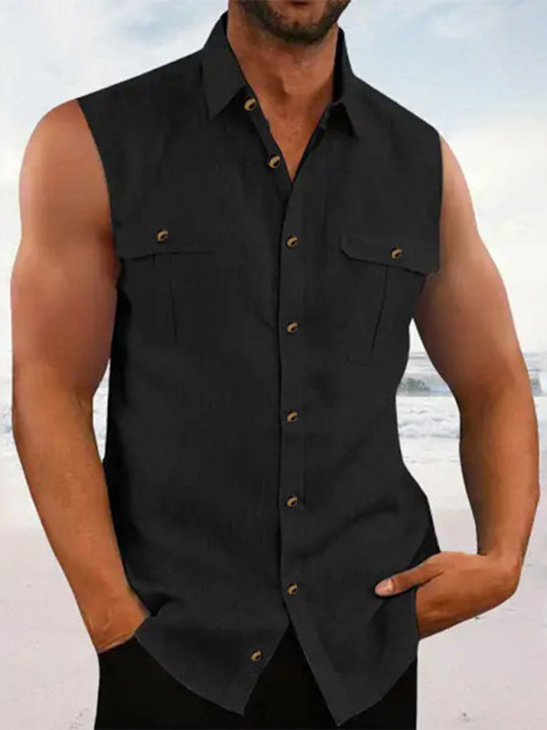 Cotton linen solid color sleeveless fashion simple multi-color washed cotton shirt - Hiccupzz