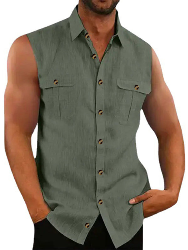 Cotton linen solid color sleeveless fashion simple multi-color washed cotton shirt - Hiccupzz