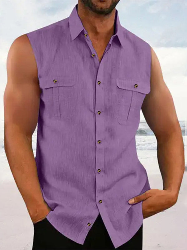 Cotton linen solid color sleeveless fashion simple multi-color washed cotton shirt - Hiccupzz