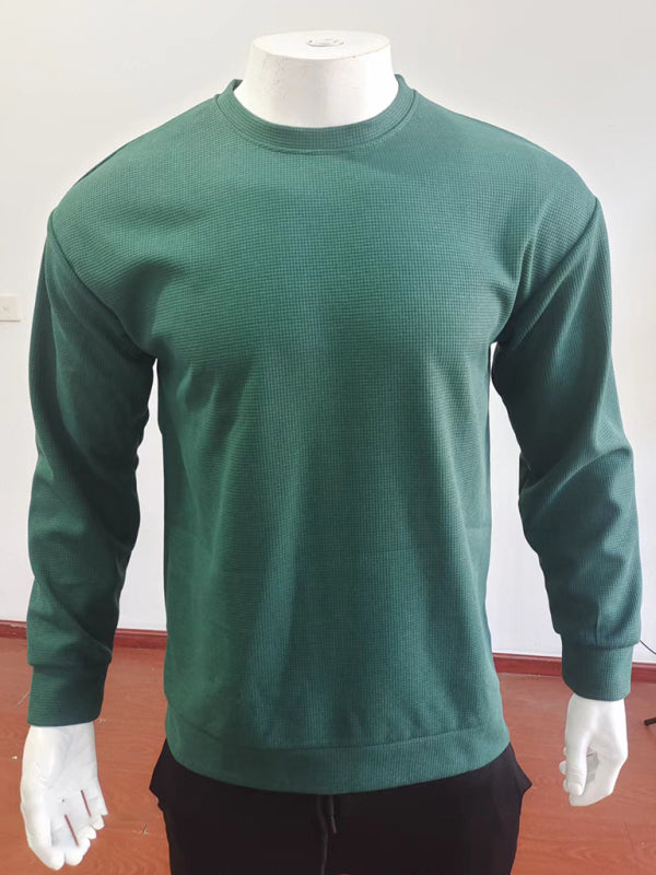 New men's solid color waffle all-match thin round neck long-sleeved sweater