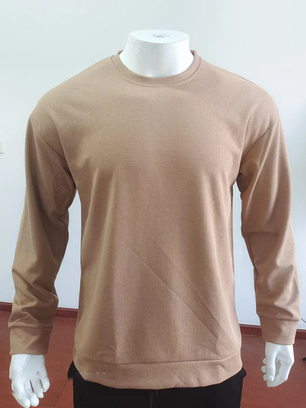 New men's solid color waffle all-match thin round neck long-sleeved sweater