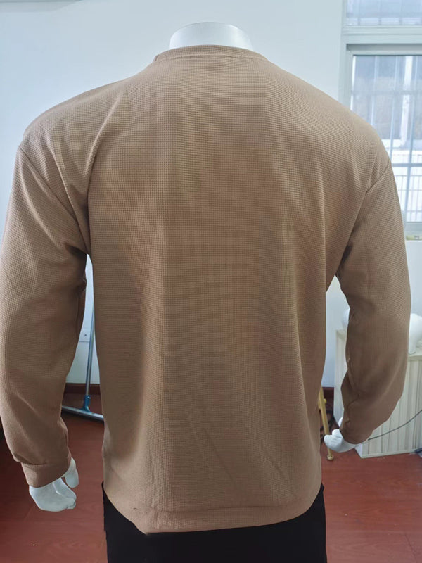 New men's solid color waffle all-match thin round neck long-sleeved sweater