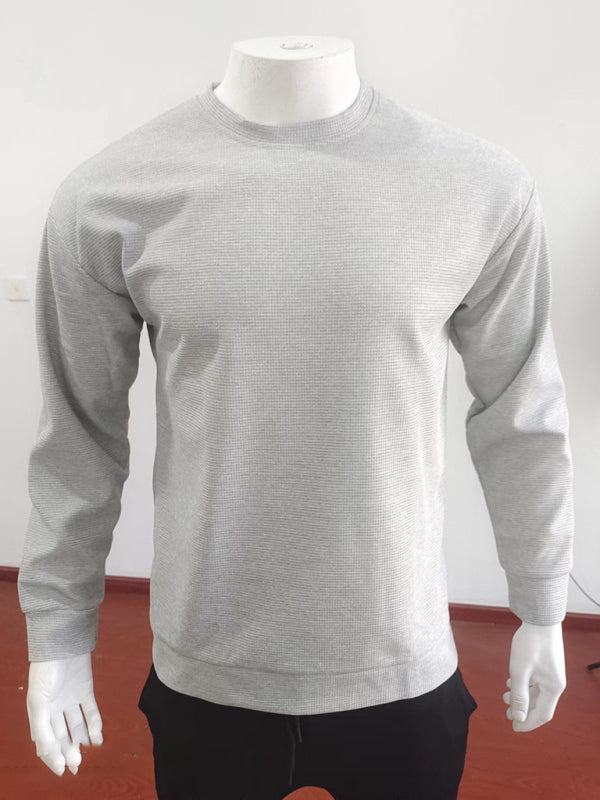 New men's solid color waffle all-match thin round neck long-sleeved sweater