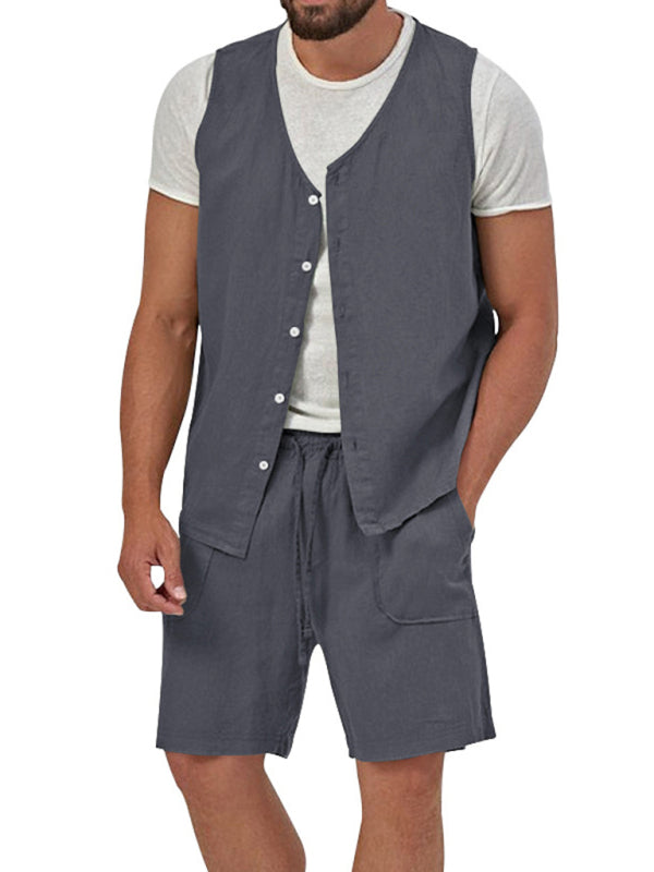 Men's two-piece vest shorts casual sleeveless cardigan suit