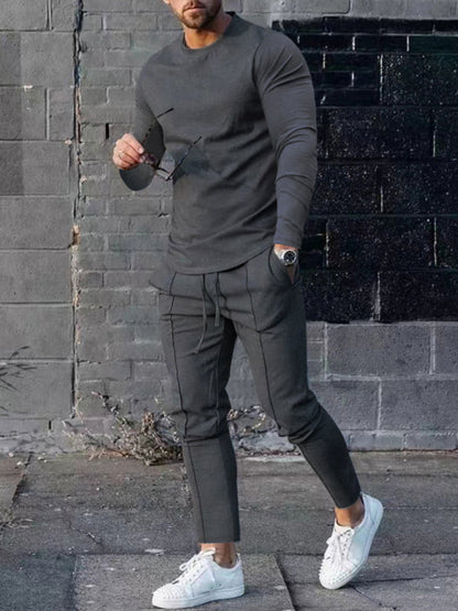 New Men's Two-piece Set Round Neck Long Sleeve T-Shirt Trousers Casual Sports Suit - Hiccupzz