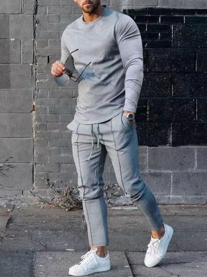 New Men's Two-piece Set Round Neck Long Sleeve T-Shirt Trousers Casual Sports Suit - Hiccupzz