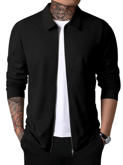 New Men's Waffle Zip Lapel Jacket Jacket Cardigan Tops - Hiccupzz