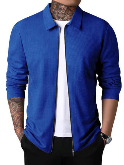 New Men's Waffle Zip Lapel Jacket Jacket Cardigan Tops - Hiccupzz